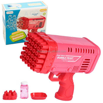 Red bubble gun with packaging and accessories on a white background