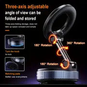 Three-axis adjustable phone holder with folding and storage feature, shown in use and folded.