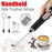 Handheld milk frother whisk with USB cable, hand holding it, and a cup of coffee with foam.