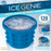 Blue ice cube maker with text about its features on a blue and white background
