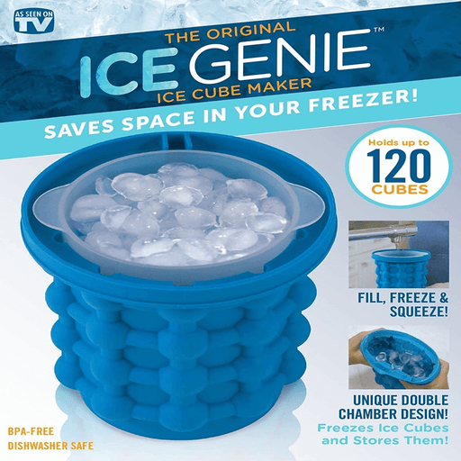 Blue ice cube maker with text about its features on a blue and white background