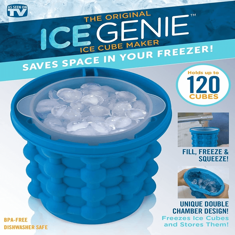 Blue ice cube maker with text about its features on a blue and white background