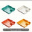 Four square dipping dishes in different colors on a white background