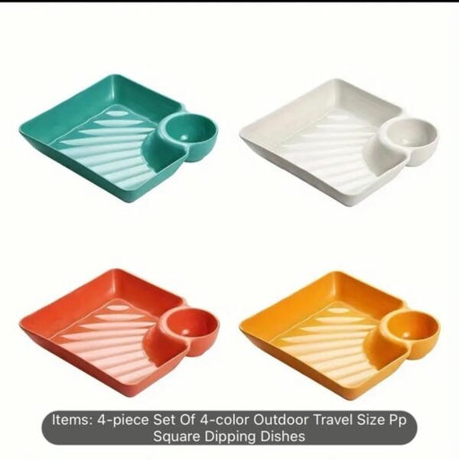 Four square dipping dishes in different colors on a white background