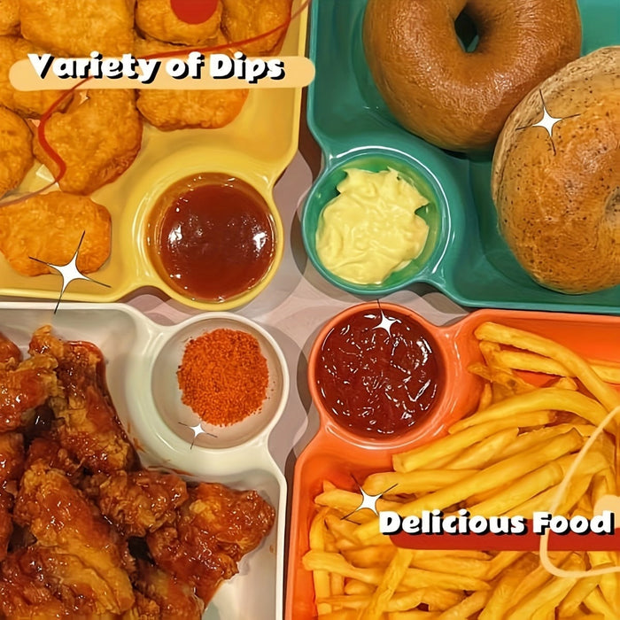 4-piece colorful serving platters with built-in sauce holder reusable – Rs.999 deal"

"Plastic square dipping dishes set with sauce holder travel-friendly – Rs.999 only"

"Reusable 4-color serving platters with sauce compartments for snacks – Rs.999"