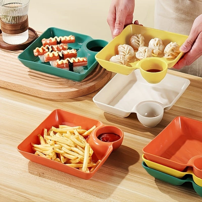 Colorful food platters with compartments on a wooden table