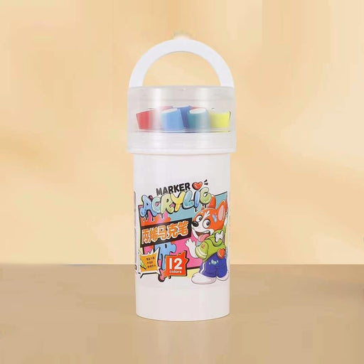 Marker set with colorful caps in a cylindrical holder on a beige background