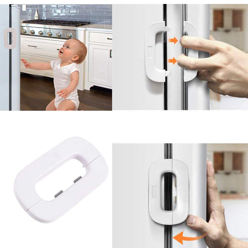 Child safety lock on a refrigerator handle with kitchen background