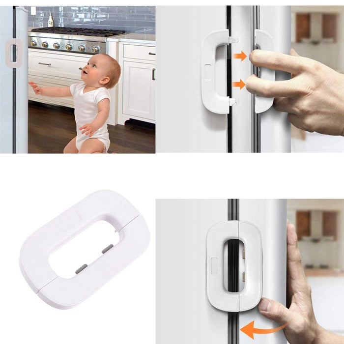 Child safety lock on a refrigerator handle with kitchen background