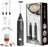 Black handheld milk frother with attachments and packaging on a white background