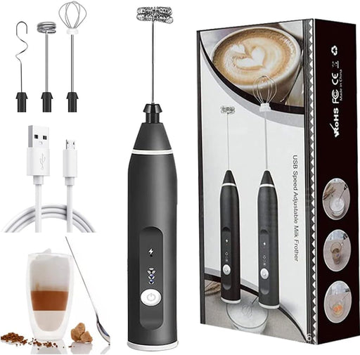 Black handheld milk frother with attachments and packaging on a white background