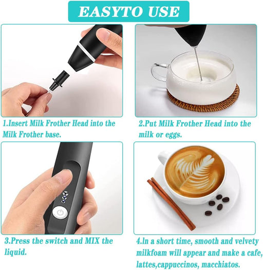 Instructions for using a milk frother with text and images.