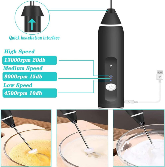 Black handheld electric mixer with speed settings and usage examples on a white background