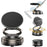 Multi-angle view of a black and silver adjustable stand with lens attachments on a white background.