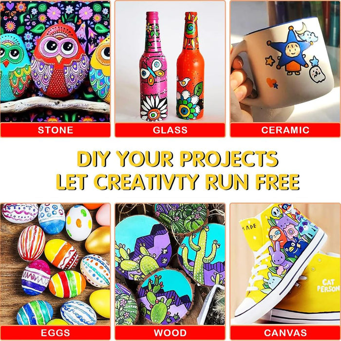 Collage of DIY projects including stone, glass, ceramic, eggs, wood, and canvas with colorful designs.