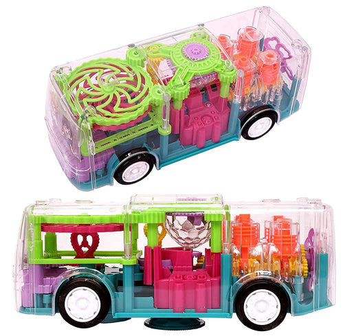 Toy bus with transparent sides showing internal components on a white background