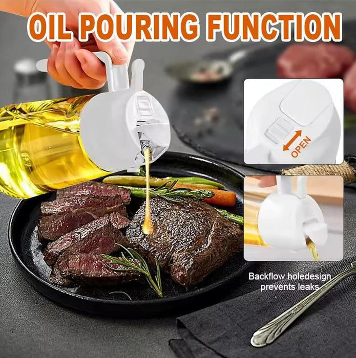 Oil pouring function device being used to pour oil over cooked meat on a pan.