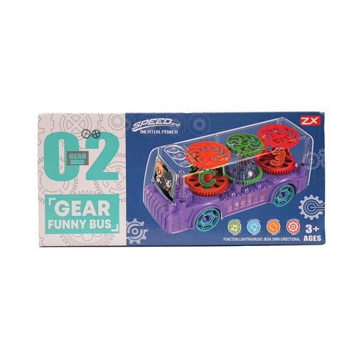 Boxed toy 'Gear Funny Bus' with colorful gears on a white background