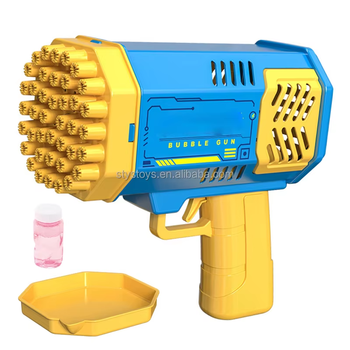 Yellow and blue bubble gun with a bottle of bubbles on a white background
