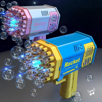 Toy bubble gun with bubbles and 'Rocket' branding on a dark background