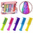 Set of colorful hair color comb toys with packaging and a styled hair example.
