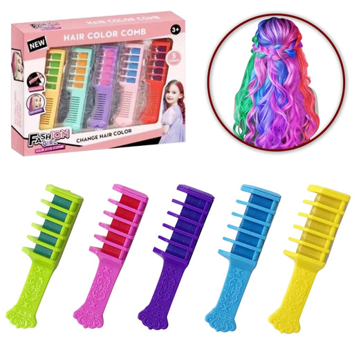 Set of colorful hair color comb toys with packaging and a styled hair example.