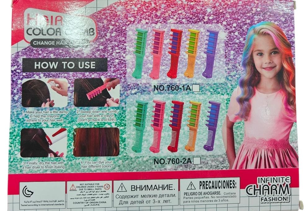 Color comb hair dye set packaging with illustrations and a child model.