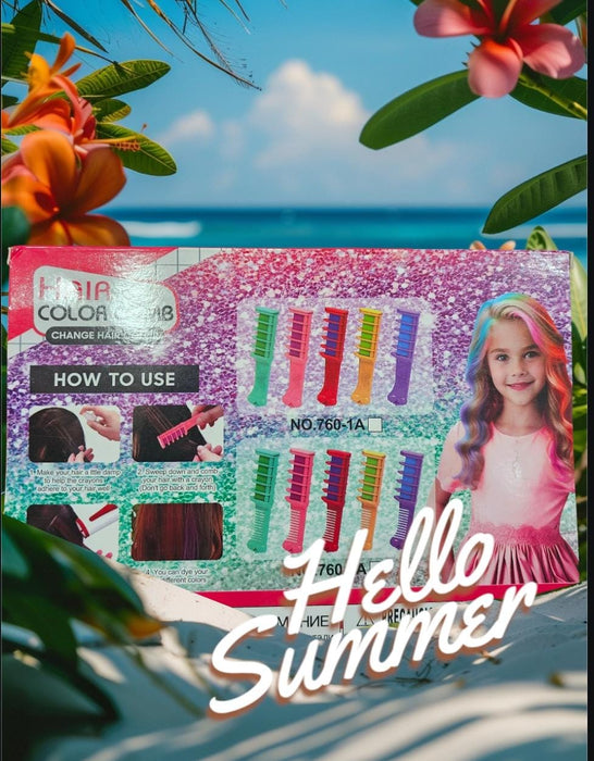 Hair color kit packaging with 'Hello Summer' text, surrounded by tropical flowers and leaves.