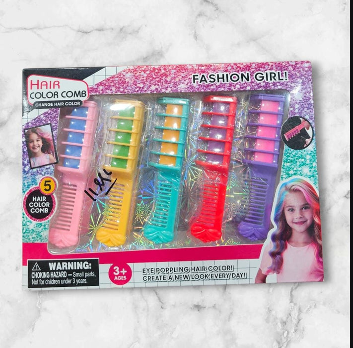 Packaged hair color comb set with colorful combs and 'Fashion Girl!' branding on a marble background.