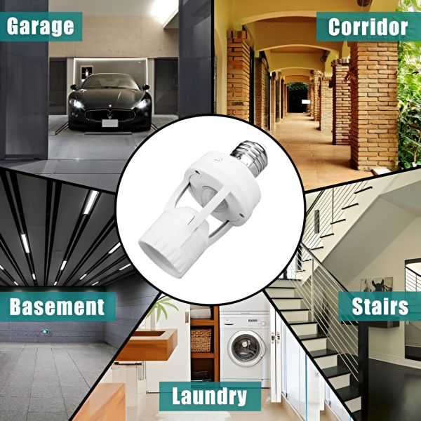 Collage of different indoor settings with a focus on a light bulb labeled 'Garage', 'Corridor', 'Basement', 'Stairs', and 'Laundry'.