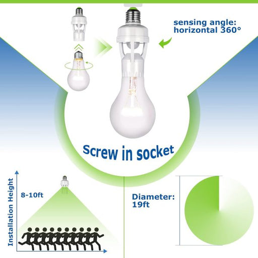 Light bulb with diagram showing sensing angle, screw-in socket, installation height, and diameter.